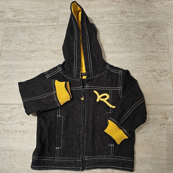 Rocawear Black and Yellow Hooded Denim Toddler Jacket Sz 12 Months - Picture 2 of 7